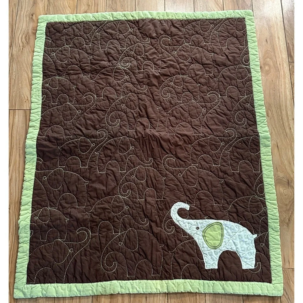 Vintage Carter's Elephant Baby Quilt Brown Green Nursery Baby Blanket 42x35